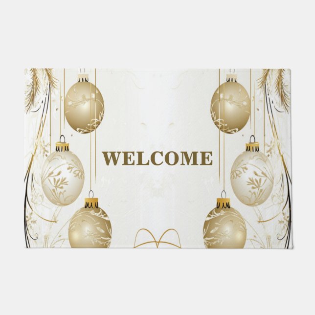 Welcome Golden Ornament Christmas Holiday Party Doormat (Front)