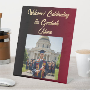 Welcome Graduate Photo Burgundy Black Ombre Accent Pedestal Sign