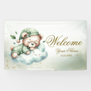 Welcome Green Boho Sleeping Teddy Bear Cute Party Banner