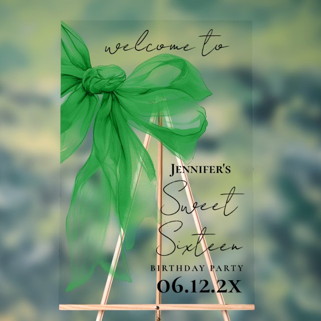 Welcome Green Bow Coquette Script Sweet 16  Acrylic Sign (Neutral)