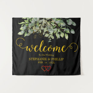 Welcome Green Eucalyptus Foliage Wedding black Tapestry