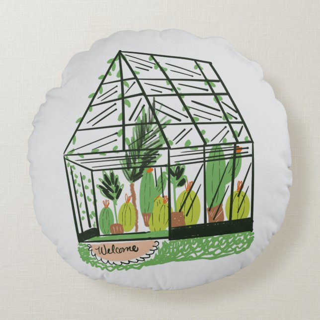 Welcome Green House Botanical Cactus Plants Art Round Cushion (Front)
