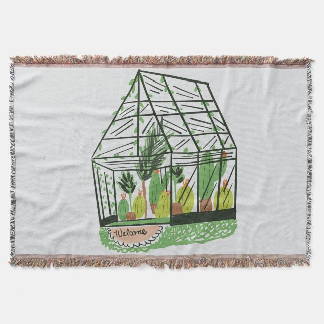 Welcome Green House Botanical Cactus Plants Art Throw Blanket (Front)