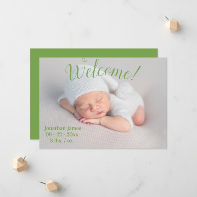 Welcome Green Photo Script Gender Neutral Birth Announcement (Front/Back In Situ)