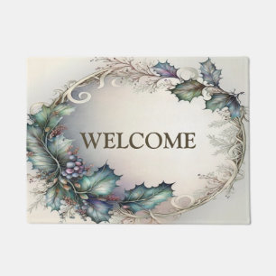 Welcome Green Purple Leaves Rustic Elegant Doormat