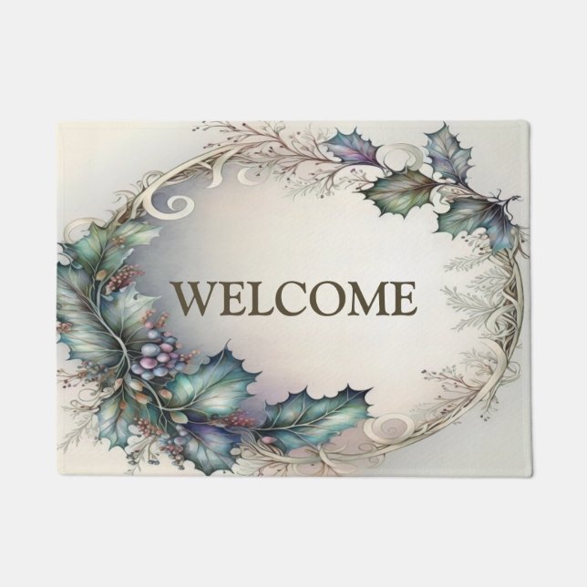 Welcome Green Purple Leaves Rustic Elegant Doormat (Front)