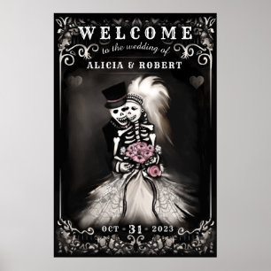 Welcome Halloween Skeletons Pink Floral Wedding Poster