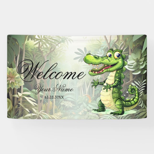 Welcome Happy Cute Wild Crocodile Jungle Trees Banner (Horizontal)