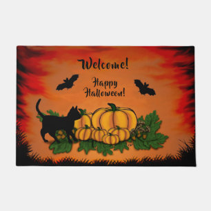 Welcome, Happy Halloween , Bat and Black Cat Doormat