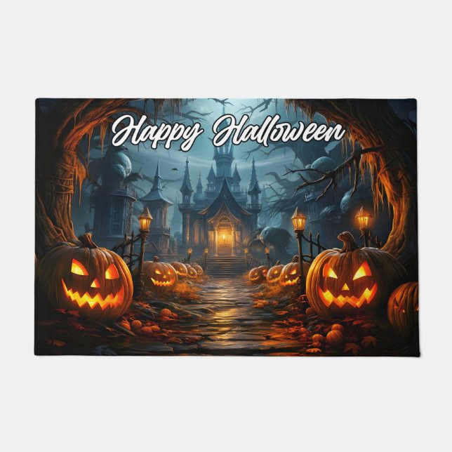 Welcome | Happy Halloween Nefarious Pumpkins Doormat (Front)