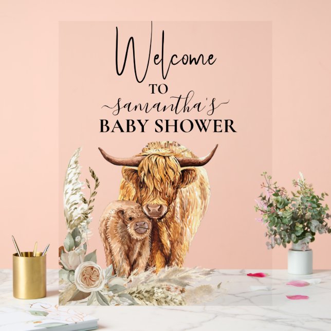  Welcome Highland Cow Calf Baby Shower Boho Acrylic Sign (Wedding)