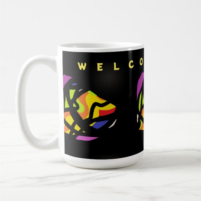 WELCOME HOME ART PATTERNS ON BLACK COFFEE MUG (Left)