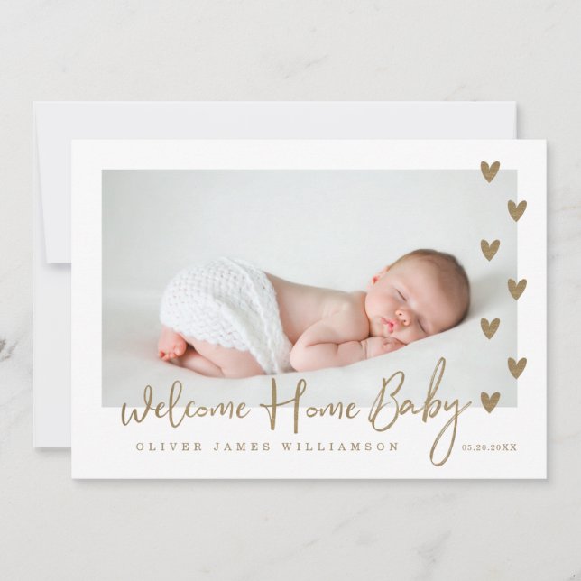 Welcome Home Baby Modern Minimal Gold Hearts Photo Announcement (Front)