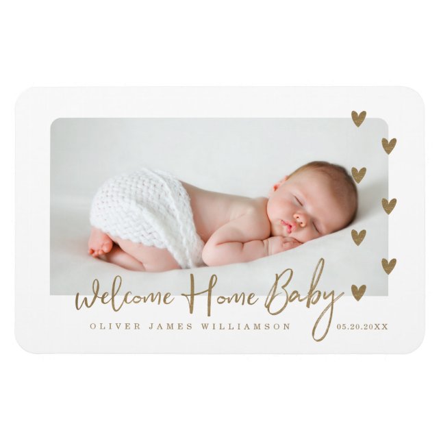 Welcome Home Baby Modern Minimal Gold Hearts Photo Magnet (Horizontal)