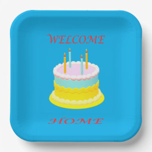 Welcome home deep marine blue with a cake          paper plate