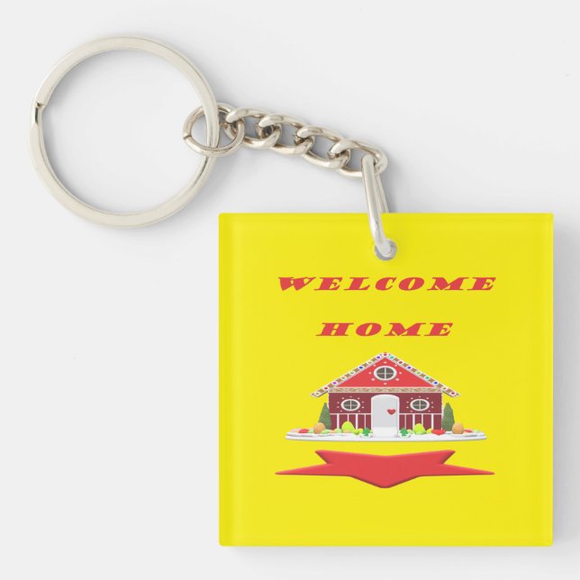 WELCOME HOME DESIGN BRIGHT RED AND HAPPY    KEY RING (Front)