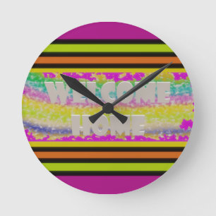 welcome home design purple green red bordered tri round clock