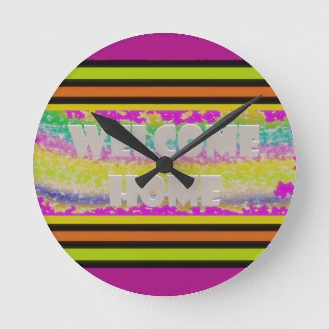 welcome home design purple green red bordered  tri round clock (Front)