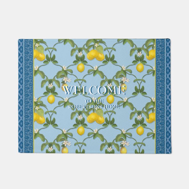 Welcome Home Family Name Citrus Lemon Trellis Art Doormat (Front)