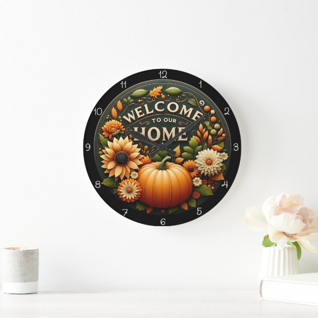 Welcome Home Floral Pumpkin Autumn Large Clock (Home)