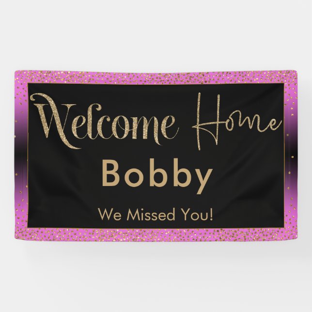 Welcome Home Gold Confetti, Pink Black Ombre Banner (Horizontal)