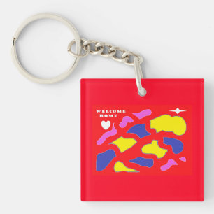 Welcome Home Message happy red with patterns Key Ring