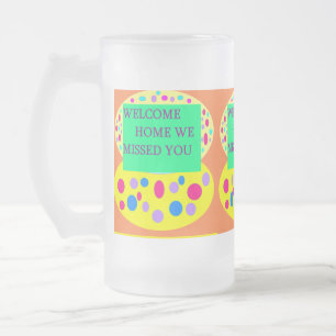 Welcome home message yellow green brown frosted glass beer mug