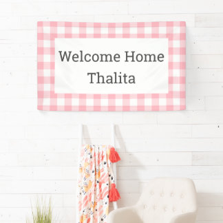 Welcome Home Name Pink and White Buffalo Check Banner