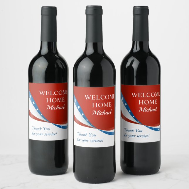 Welcome Home Personalised Red White and Blue Wine Label (Bottles)