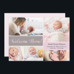 Welcome Home Pink Grey Custom baby girl photo  Thank You Card<br><div class="desc">Introduce the world to your precious baby girl in a tender and customised way with the Welcome Home Pink Grey Custom Baby Girl Photo Collage Birth Announcement Card. This heartfelt and personalised announcement card is the perfect way to share the wonderful news of your baby girl's arrival with family and...</div>