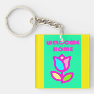 WELCOME HOME PURPLE AND YELLOW DESIGN KEY RING