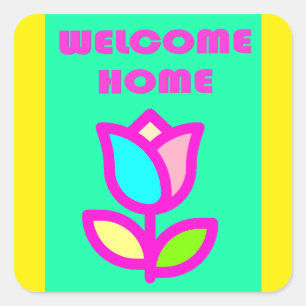 WELCOME HOME PURPLE AND YELLOW DESIGN        SQUARE STICKER