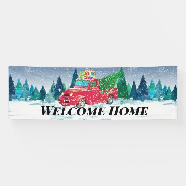 Welcome Home Red Truck Christmas Tree in snow Banner (Horizontal)