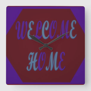 Welcome home red wine and royal blue coloured square wall clock