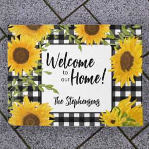 Welcome Home Sunflowers Plaid Custom Name Doormat