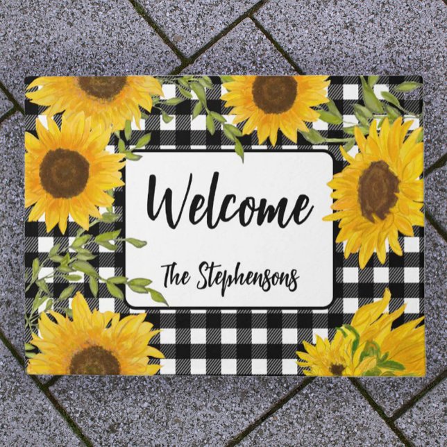Welcome Home Sunflowers Plaid Custom Name Doormat (Creator Uploaded)