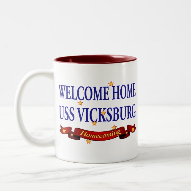 Welcome Home USS Vicksburg Two-Tone Coffee Mug (Left)