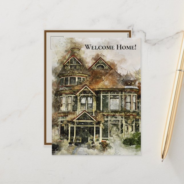 Welcome Home Victorian House in Shades of Brown Holiday Postcard (Front/Back In Situ)
