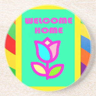 WELCOME HOME WITH STRIPES AND FLOWER PATTERN COASTER