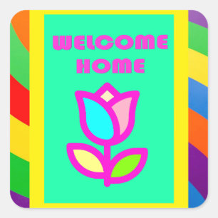 WELCOME HOME WITH STRIPES AND FLOWER PATTERN SQUARE STICKER