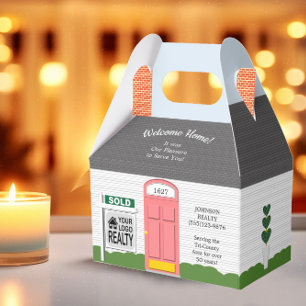 Welcome Home Wooden Realtor Logo Pink Door Favour Box