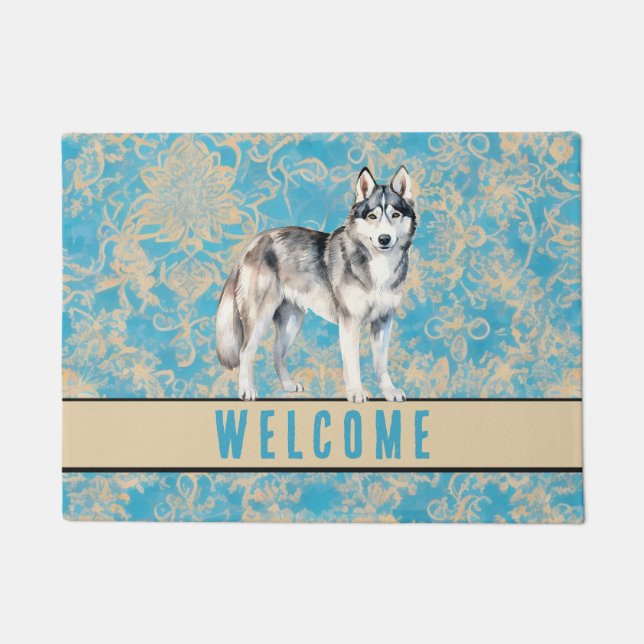 Welcome House Entrance Siberian Husky Dog  Doormat (Front)