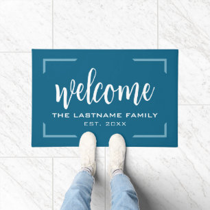 Welcome in Big Script with Family Name Date Doormat