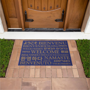 Welcome in different languages blue gold elegant doormat