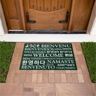 Welcome in different languages dark green elegant doormat