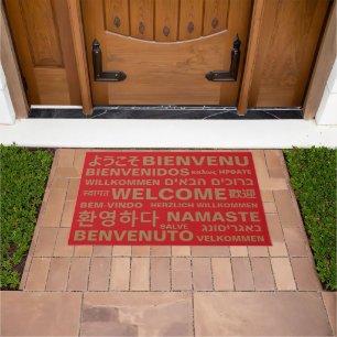 Welcome in different languages red gold modern doormat
