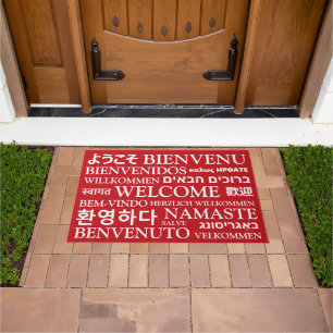 Welcome in different languages red white elegant doormat