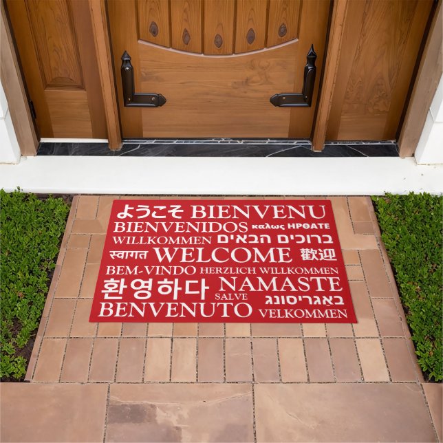 Welcome in different languages red white elegant doormat (Outdoor)
