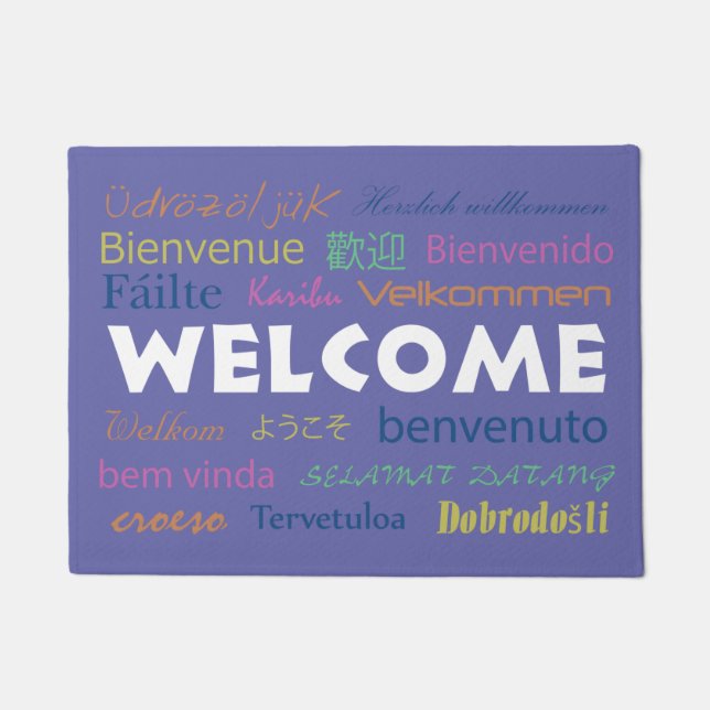 Welcome in Many Languages Perwinkle Blue Doormat (Front)