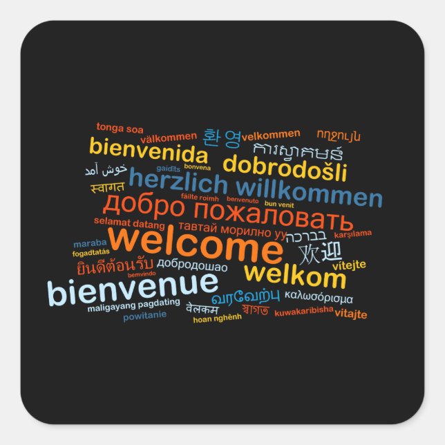 Welcome in multiple languages square sticker (Front)